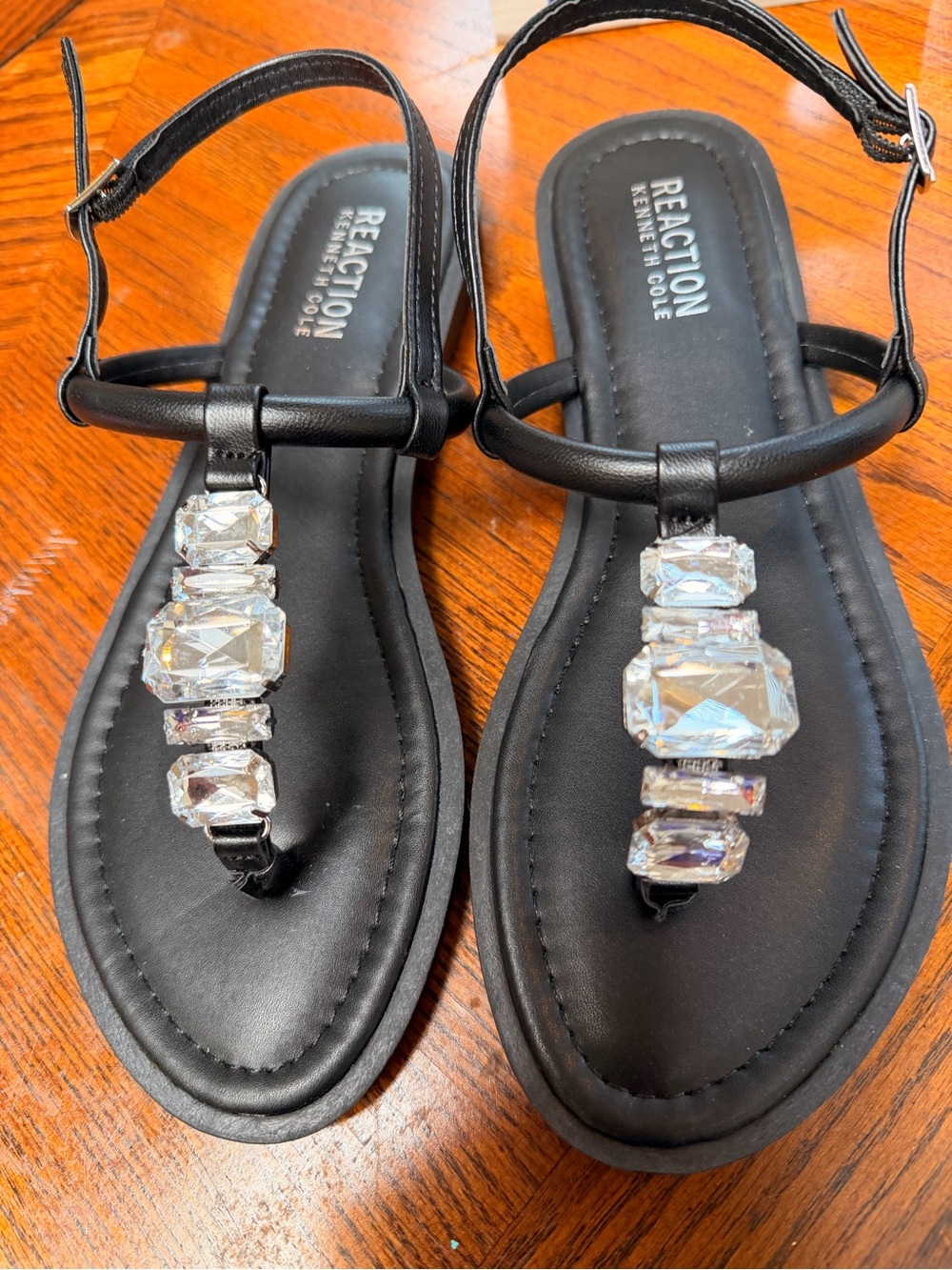Kenneth Cole Reaction Black T-Strap Sandals with Crystal Embellishments